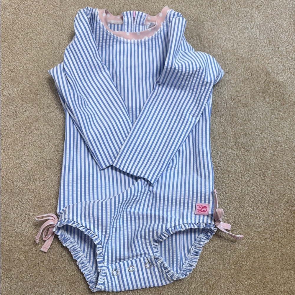 Ruffle Butts Blue and Pink Diaper Cover with Ruffle Trim